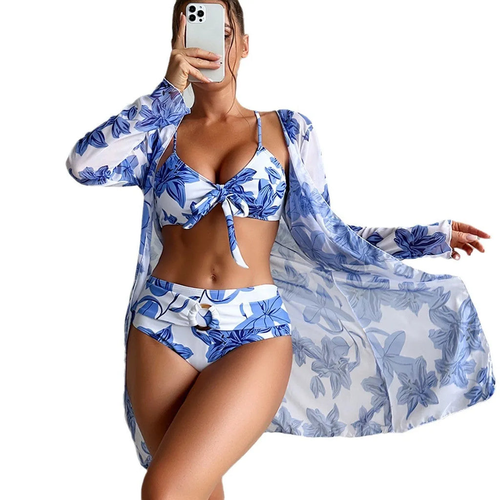 Women's multi-color printed three-piece bikini swimsuit in polyester high-elasticity fabric for swimming and wading