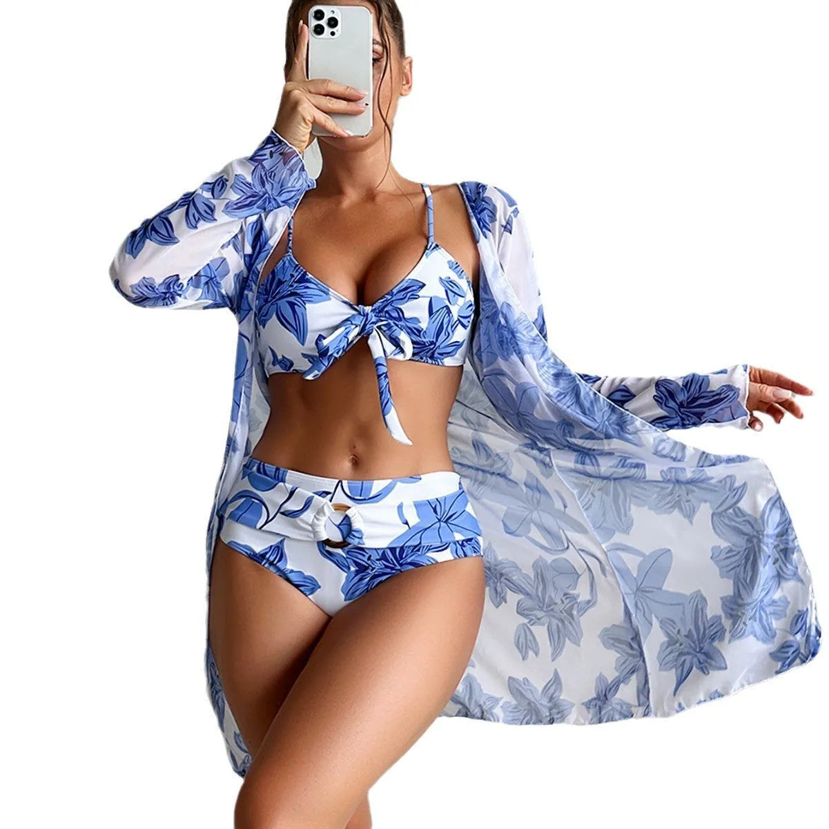 Women's multi-color printed three-piece bikini swimsuit in polyester high-elasticity fabric for swimming and wading