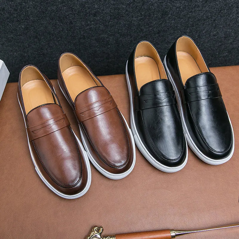 Plus size board shoes for men in brown with flat heel and rubber sole, size 44