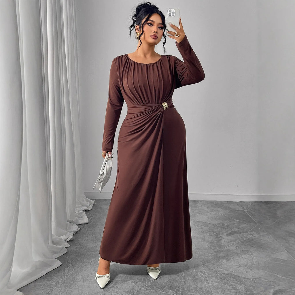Printed high-waisted polyester dress for women in coffee colour, brown, black, wine red, sizes XL to 4XL
