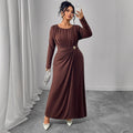 Printed high-waisted polyester dress for women in coffee colour, brown, black, wine red, sizes XL to 4XL