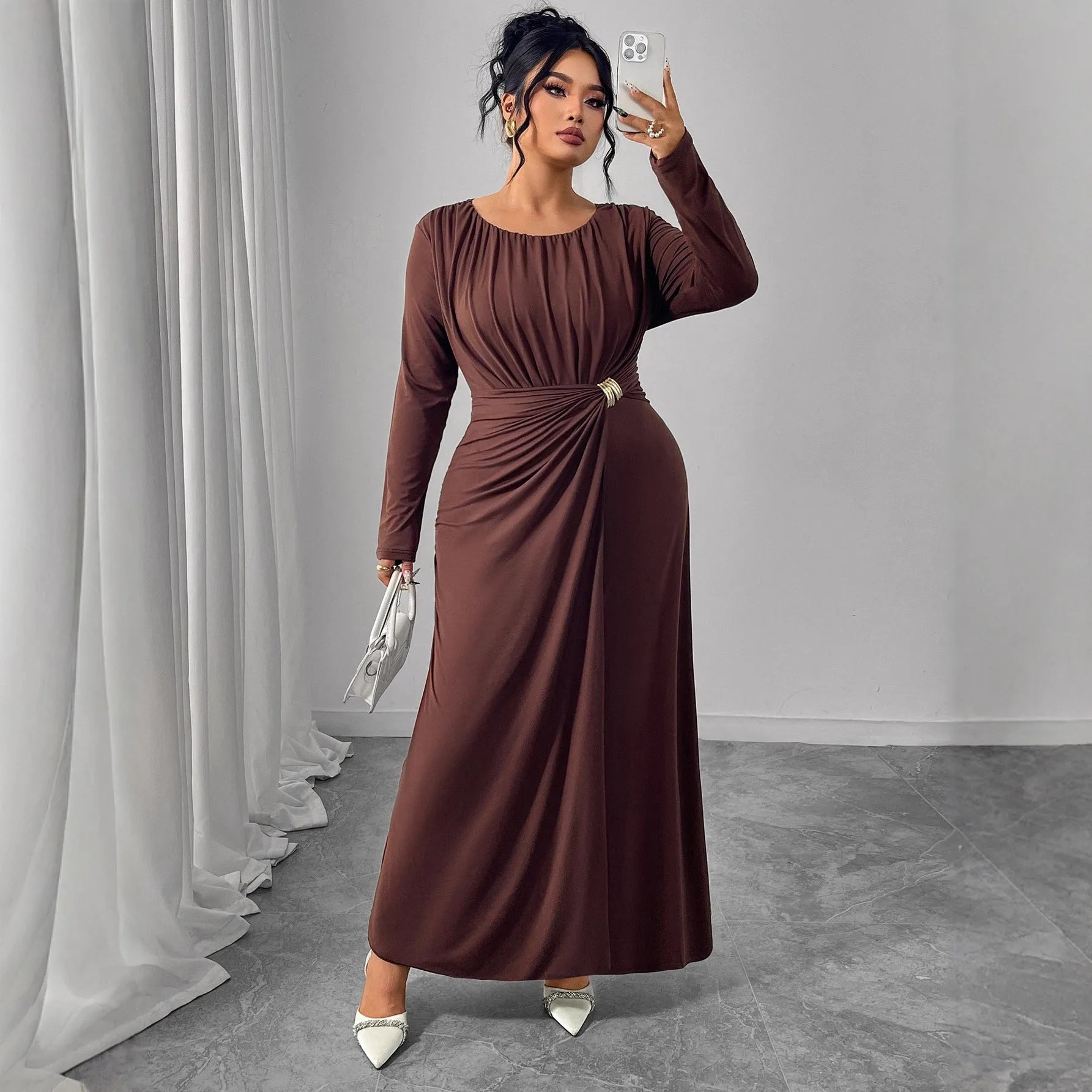 Printed high-waisted polyester dress for women in coffee colour, brown, black, wine red, sizes XL to 4XL