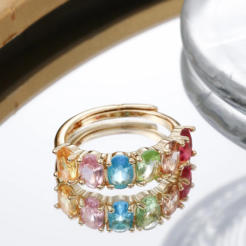 Women's adjustable gold zircon ring with electroplated copper construction and retro colour design