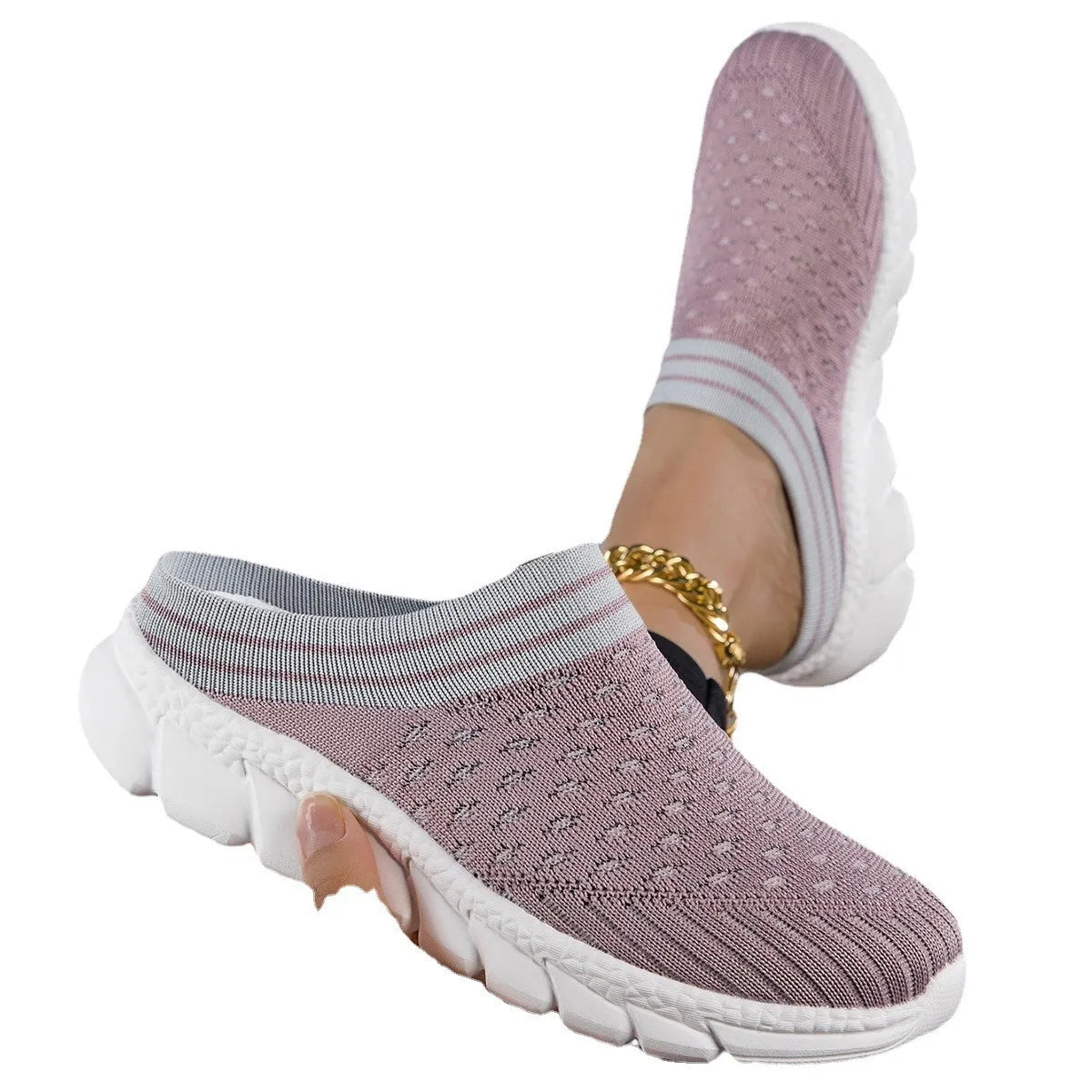Women's black Flyknit semi slipper shoes with striped hollowed-out pattern and viscose sole