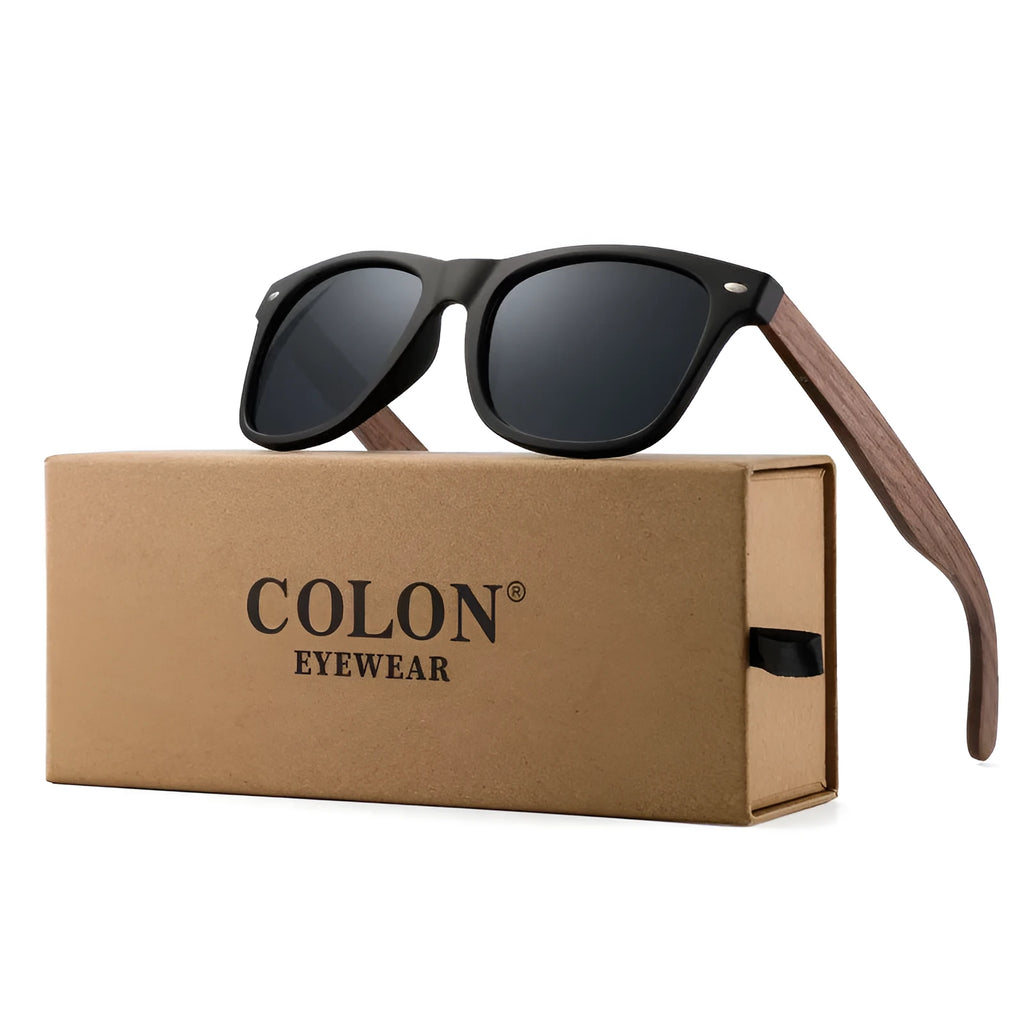 Polarised sunglasses with bamboo and wood arms, gray lens, PC frame on white background