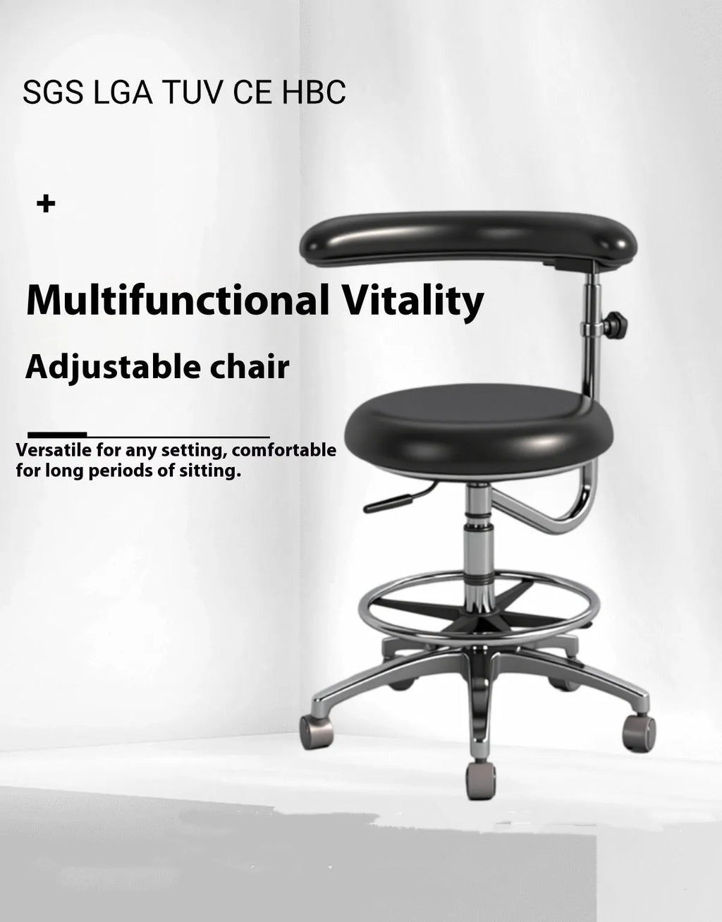 Black leather dentist and nurse chair with hydraulic lift base in a clinical setting.