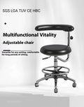 Black leather dentist and nurse chair with hydraulic lift base in a clinical setting.