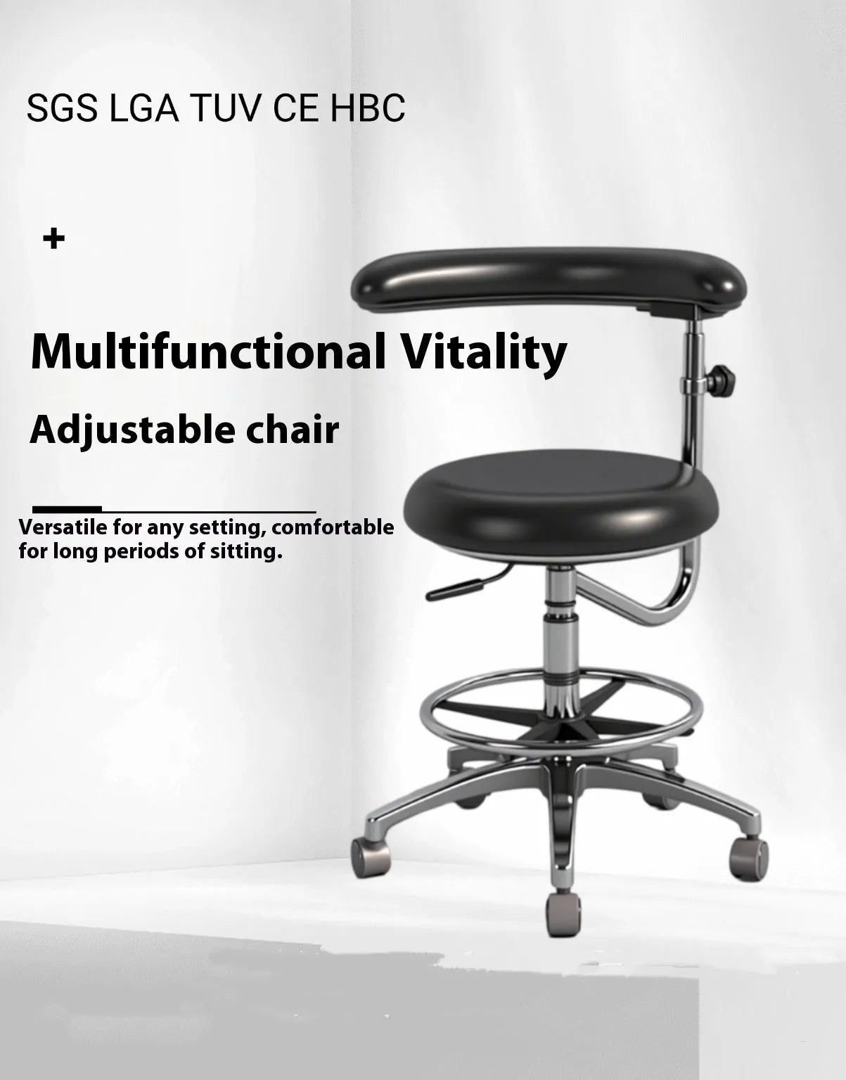 Black leather dentist and nurse chair with hydraulic lift base in a clinical setting.