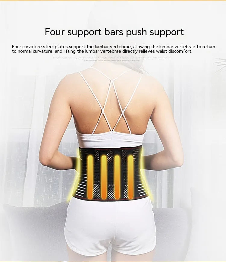 Black breathable sports waist support with internal steel plate for lumbar decompression during fitness and running.