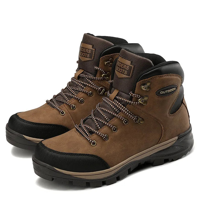 Men's winter high-top cotton boots in black, first layer cowhide leather, velvet lining, rubber sole, lace-up style