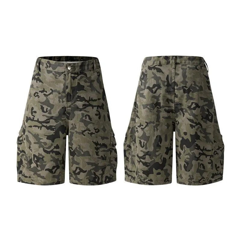 Retro loose-fit washed cotton workwear shorts for men and women in camouflage colour with a zipper fly.