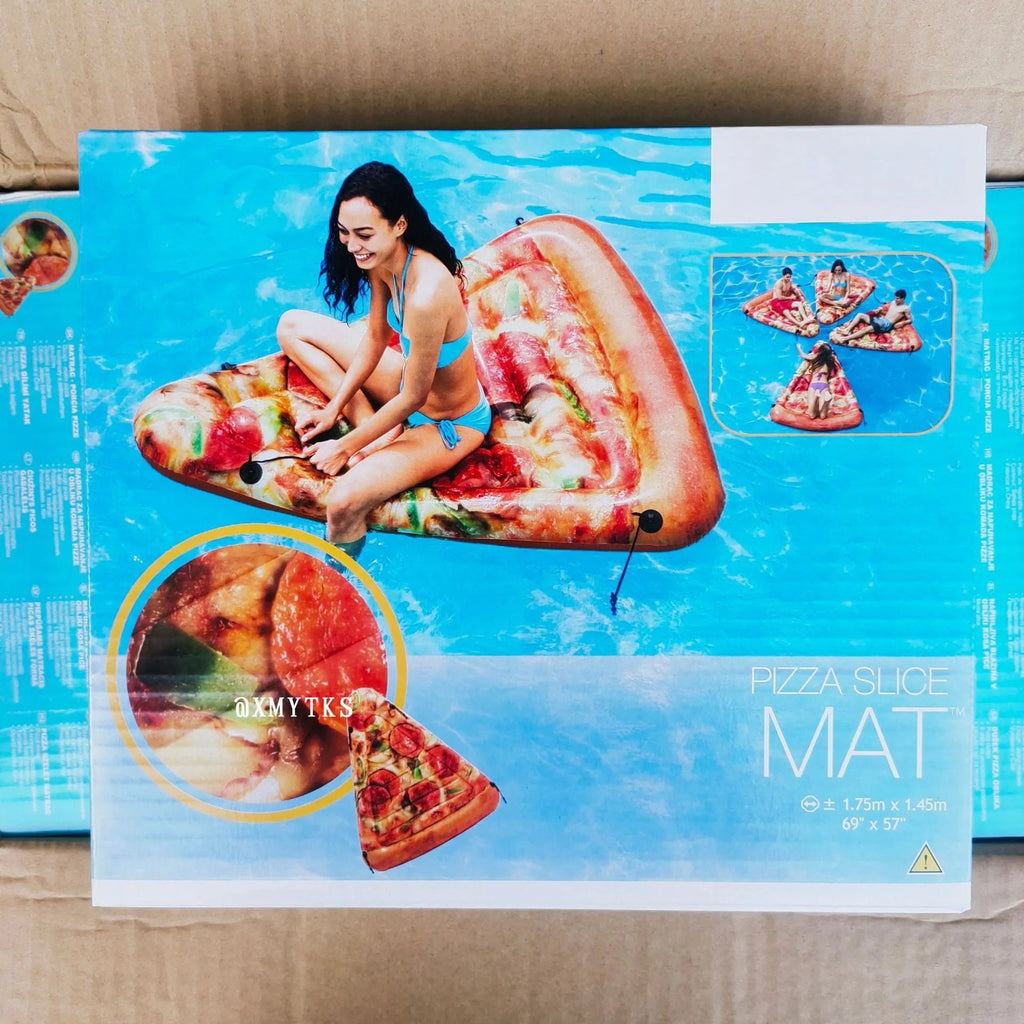 Pizza-themed inflatable surfboard recliner floating in water with vibrant colours and 175cm dimensions