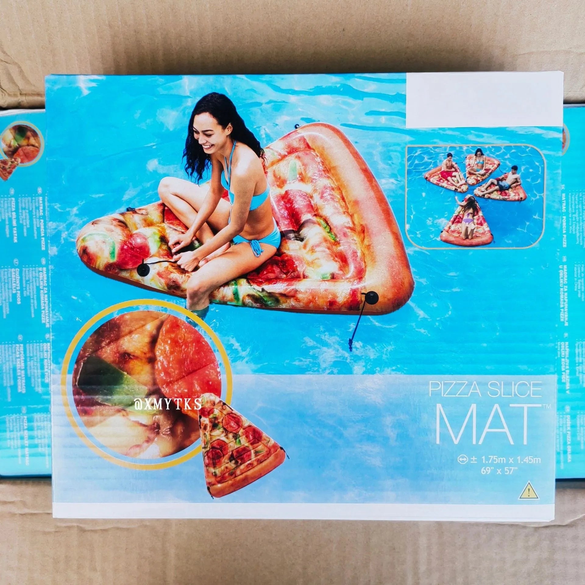 Pizza-themed inflatable surfboard recliner floating in water with vibrant colours and 175cm dimensions