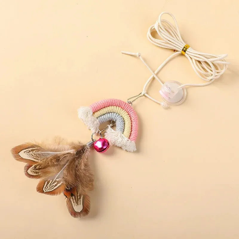 Blue feather rope cat toy hanging from door with elastic swing and sticky buckle clamp