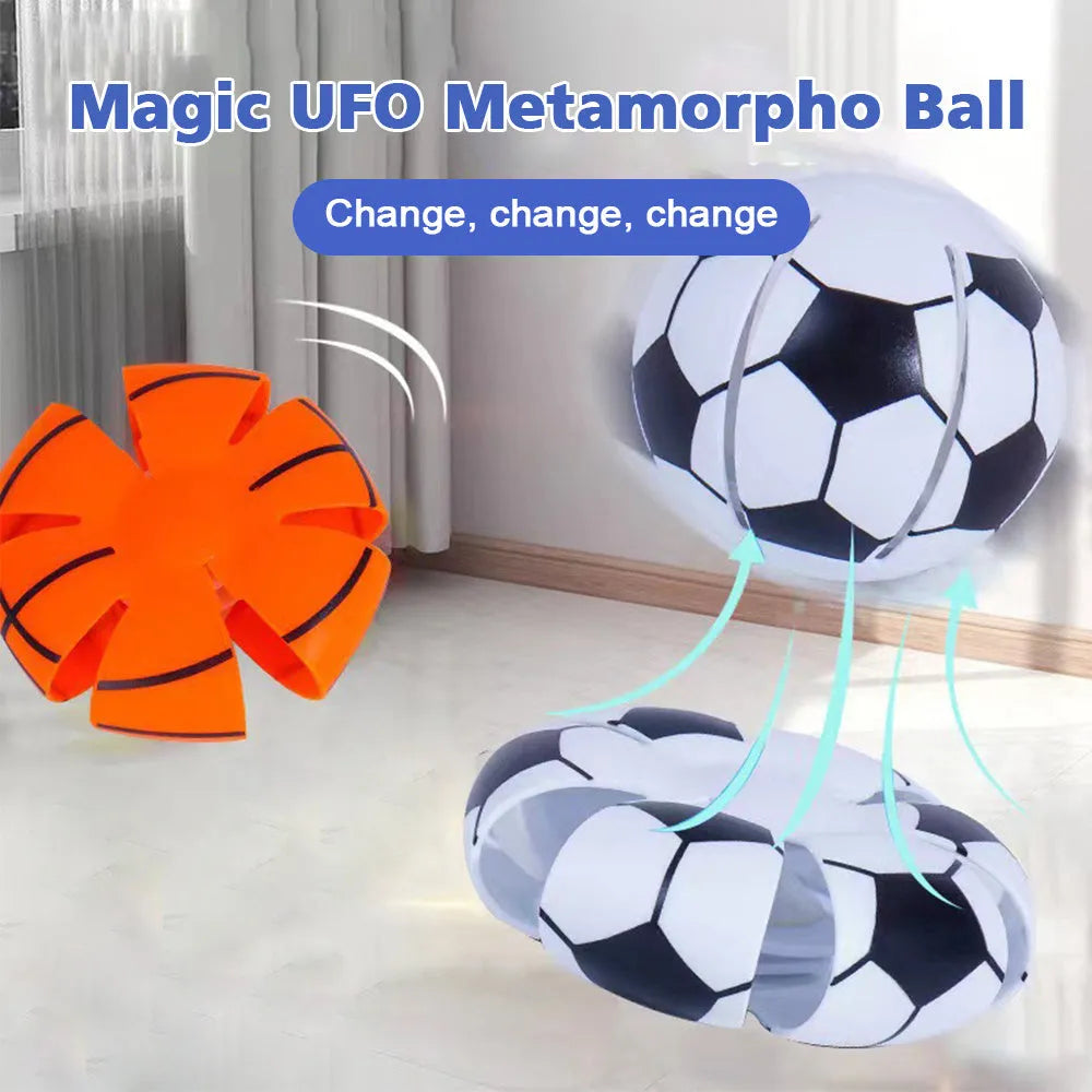 Glowing transformable dog ball toy showing ball and flying disc modes