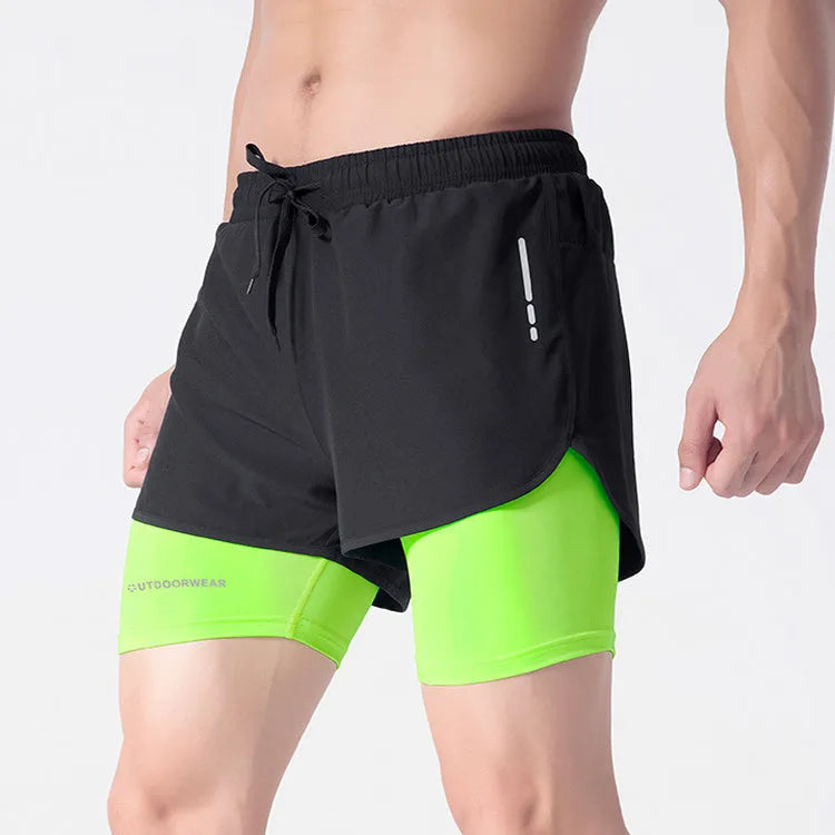 Men's double layer quick dry sports shorts with spandex liner, polyester outer, elastic waistband, available in gray, black, blue, black and white sizes M to 6XL