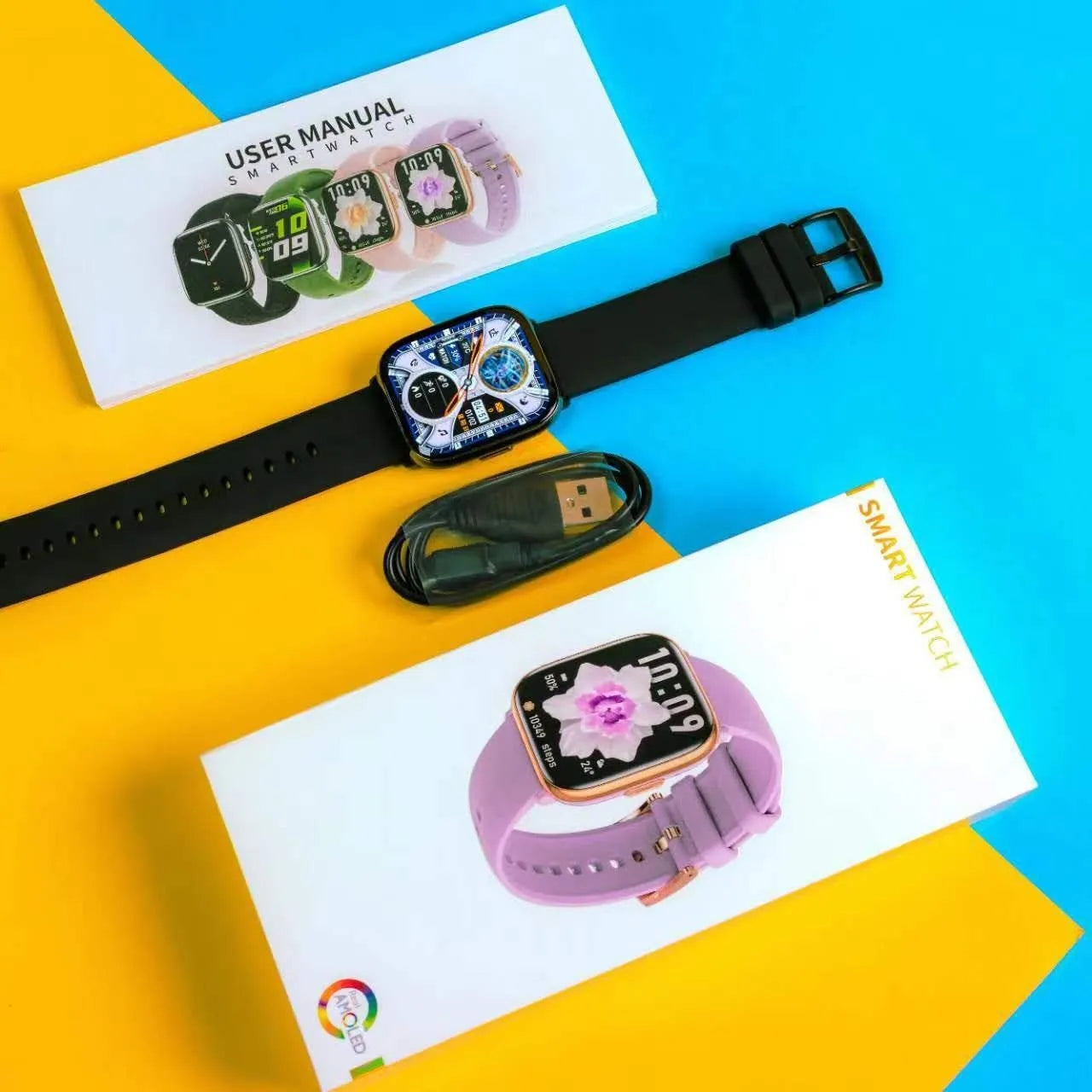 NFC Compass Smart Watch with Bluetooth Call AMOLED Screen in black, showing health monitoring features and touch buttons
