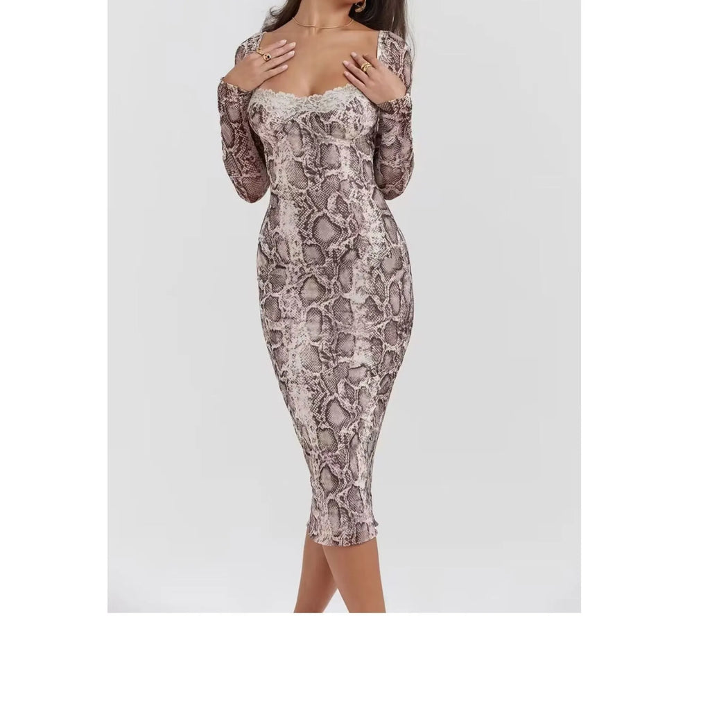 Grey slim fit long sleeve lace dress with a digital printed 3D pattern and A-line skirt.