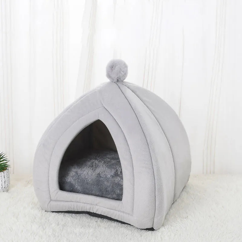Soft plush cat bed in grey, tent style with cushion, size M 33x33x36 cm, washable cover