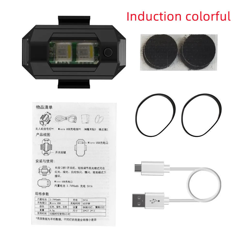 Drone signal light with RGB LED system showing multiple colours, includes mounting tape and ring belts