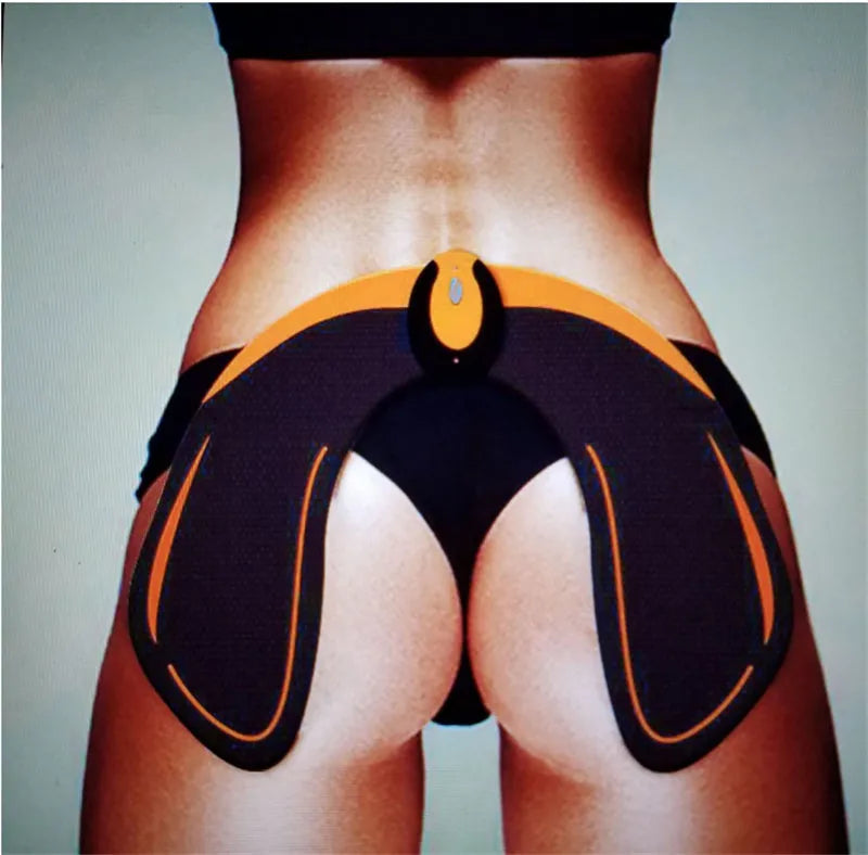 EMS hip muscle training stimulator with remote control and two gel pads in orange