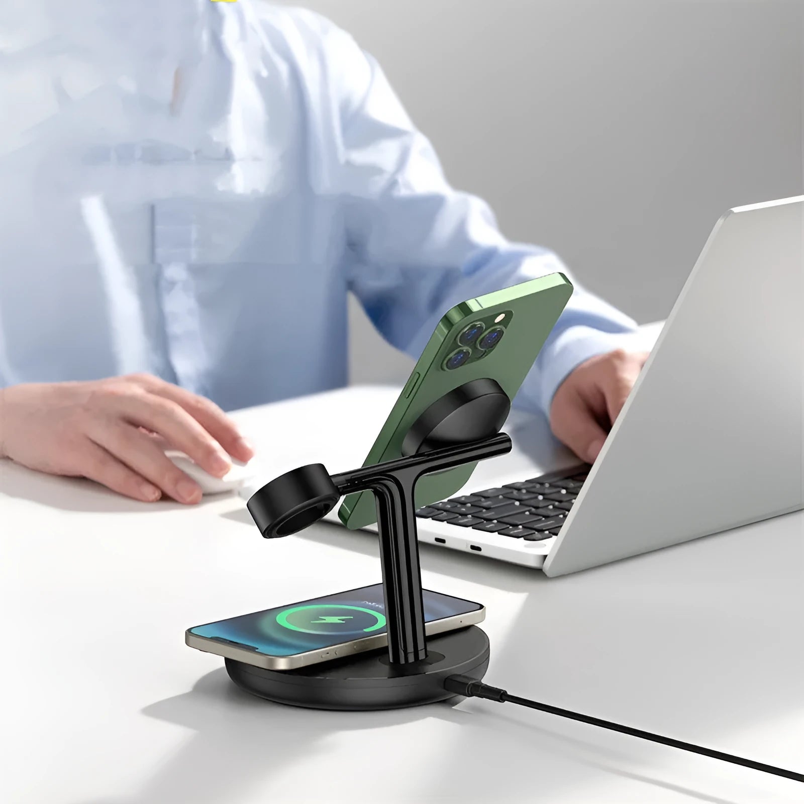 Baseus Swan three-in-one wireless magnetic charging stand in black on a desk