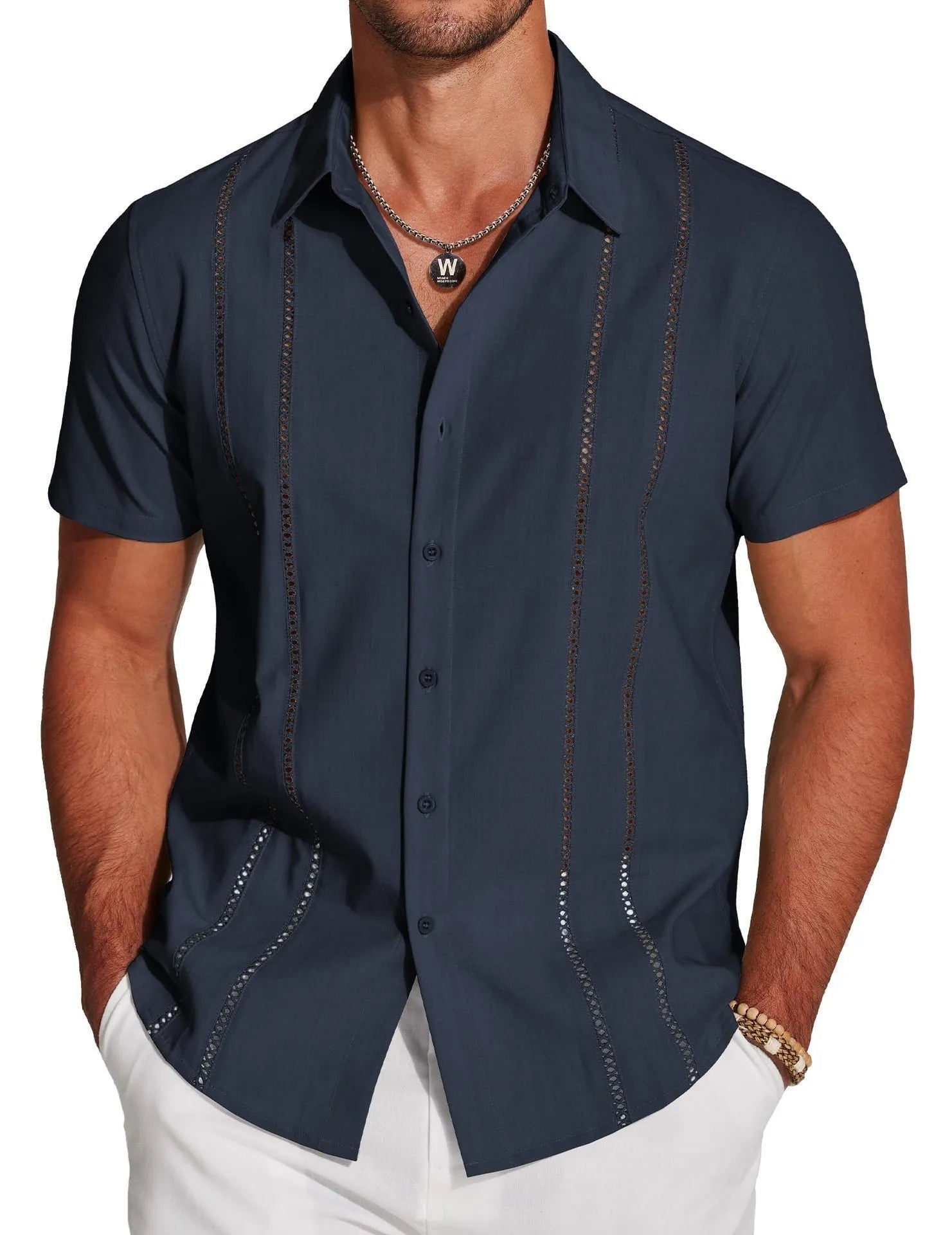 Men's slim fit Hawaiian shirt with digital print pattern and short sleeves showing elastic band construction