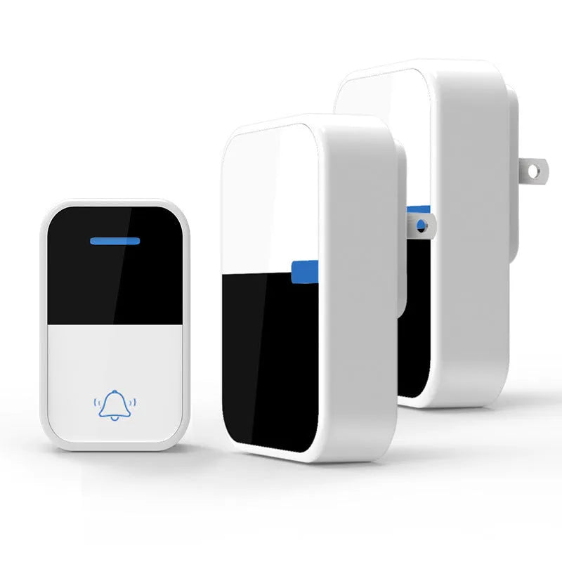 White plastic wireless doorbell kit with self-generating button and 150-metre range