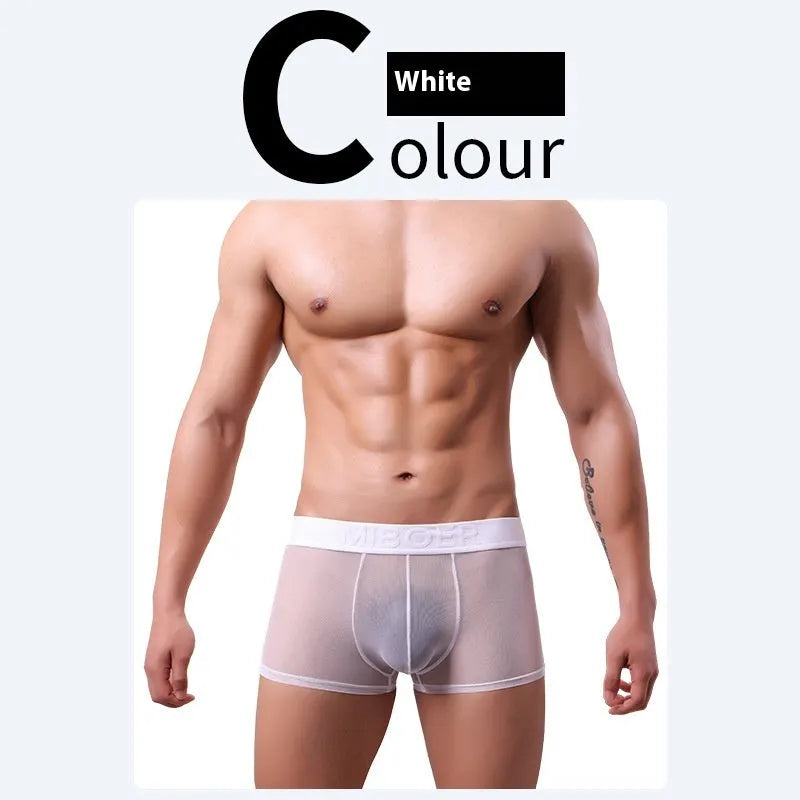 Men's thin invisible breathable boxer shorts in quick-drying polyester fabric shown in multiple colours