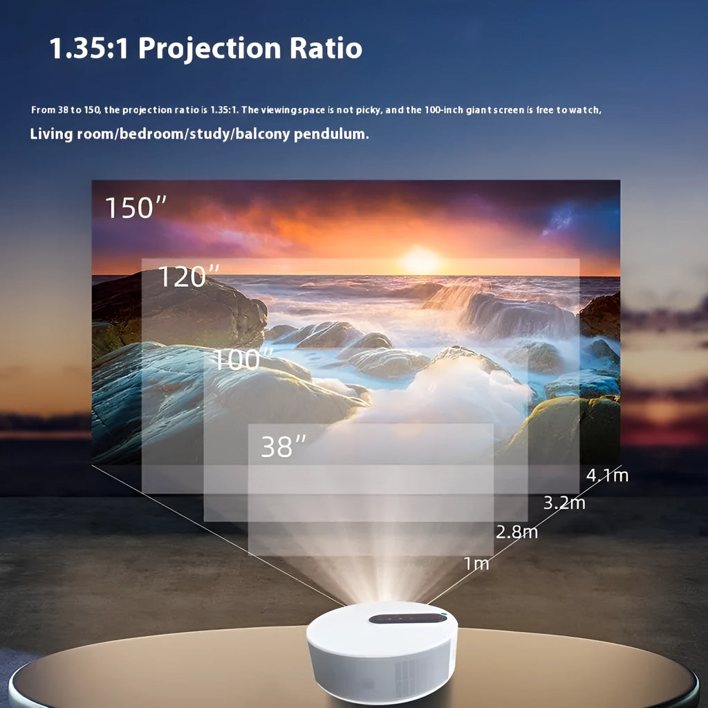 White HD 720p home theatre projector with remote control on a table.