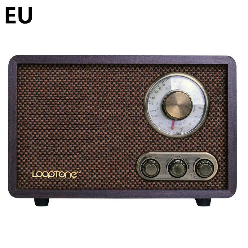 R08 wooden retro Bluetooth radio in dark brown finish with AM FM dial and tone controls