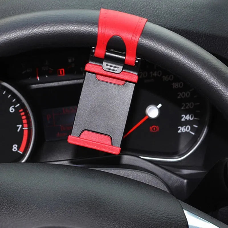 Black car steering wheel phone mount holder with adjustable bracket for smartphones