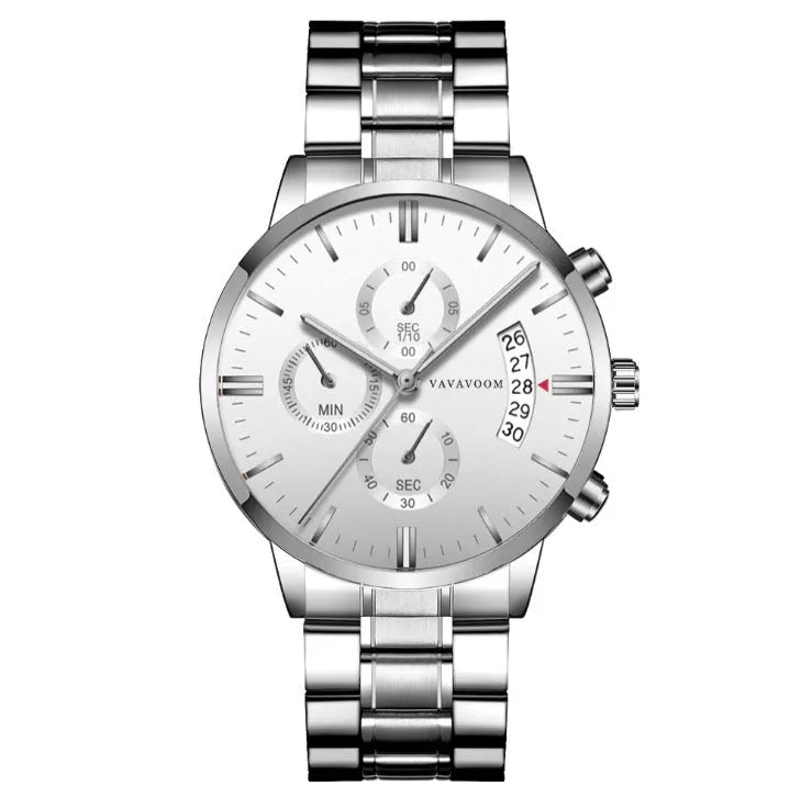 Men's stainless steel watch with 43mm round dial, quartz movement and butterfly buckle in multiple colour variations