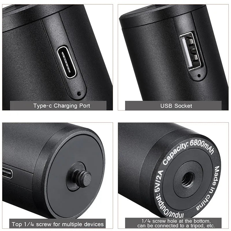Black aluminium alloy handle-shaped power bank with 6800mAh capacity, shown next to a mobile phone.