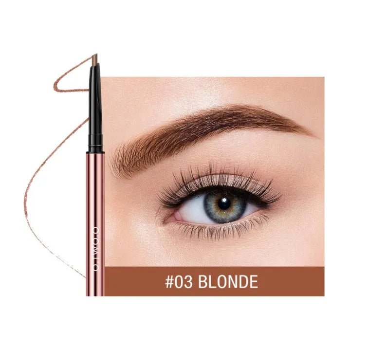 Slim brow makeup pencil in colour box with six shade options: Auburn, Blonde, Caramel, Dark Brown, Soft Brown, Taupe.
