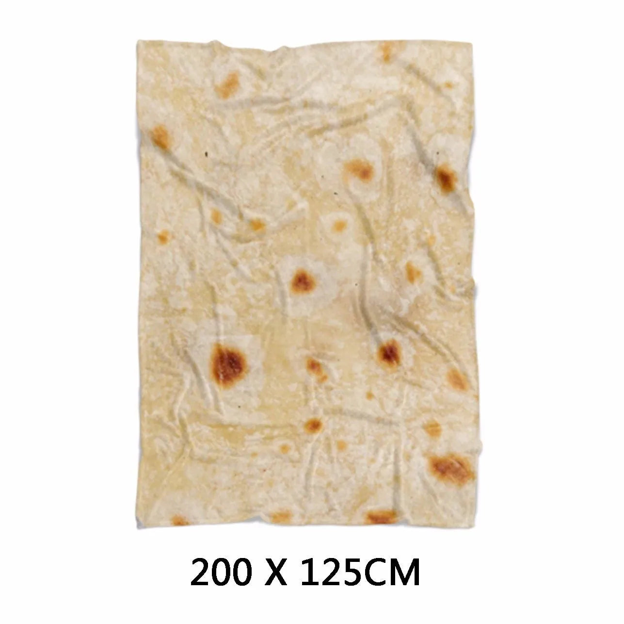 Round burrito design blanket in coral fleece flannel with tortilla print, folded to show size
