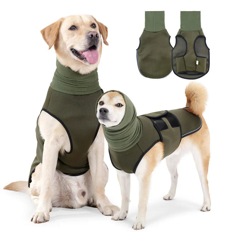 Dog wearing polyester anxiety jacket in army green for separation anxiety and thunderstorm phobia relief