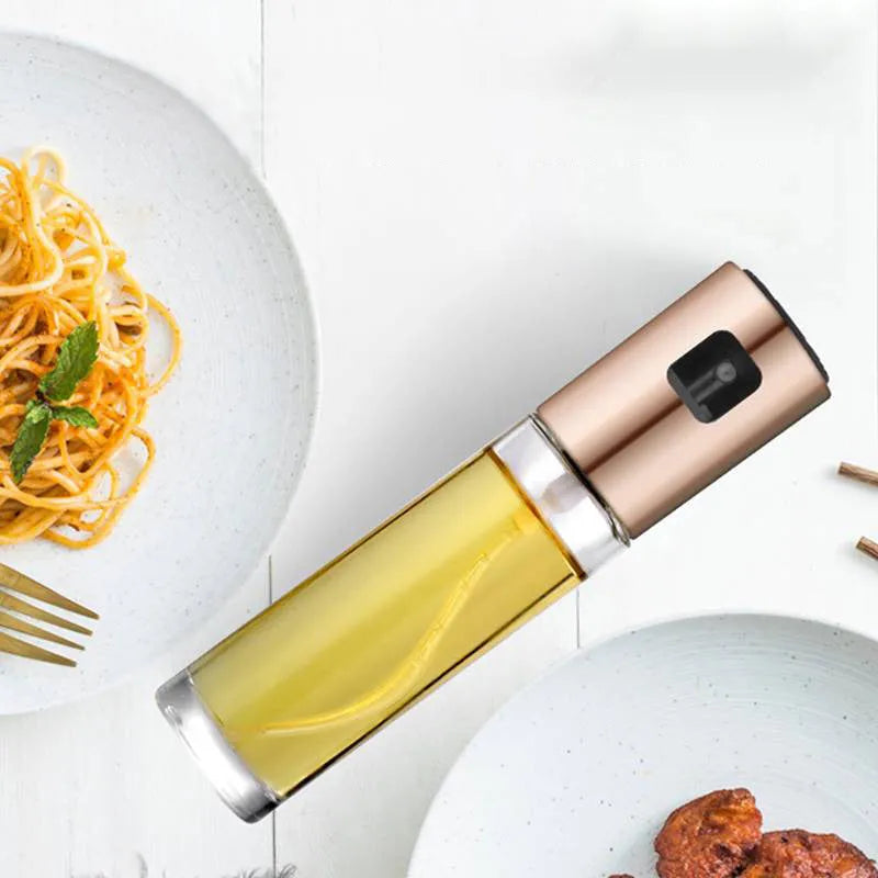 ABS glass oil spray bottle 100ml push pump kitchen sprayer in gold, rose gold and silver