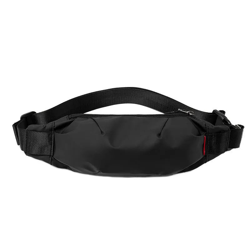 Black Oxford cloth men's crossbody waist pack showing internal phone and ID pockets