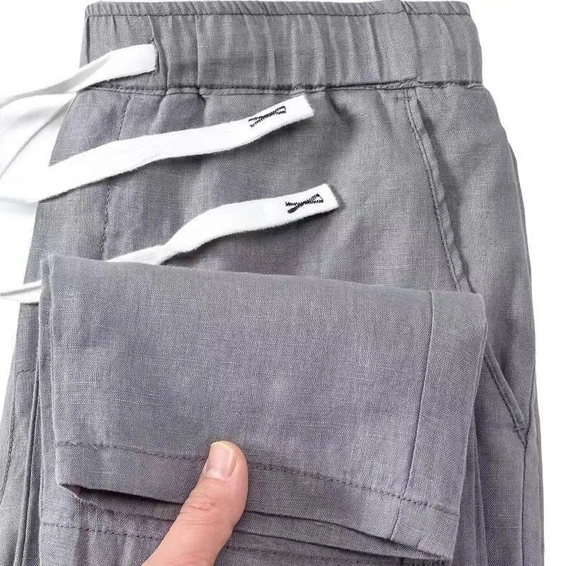 Pure linen Chinese style trousers with drawstring waist in straight leg design