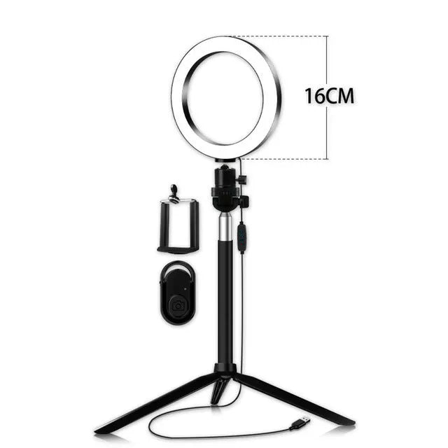 Self-made fill light artifact 5W LED ring light 20cm five-in-one kit black with tripod and phone clip on desk