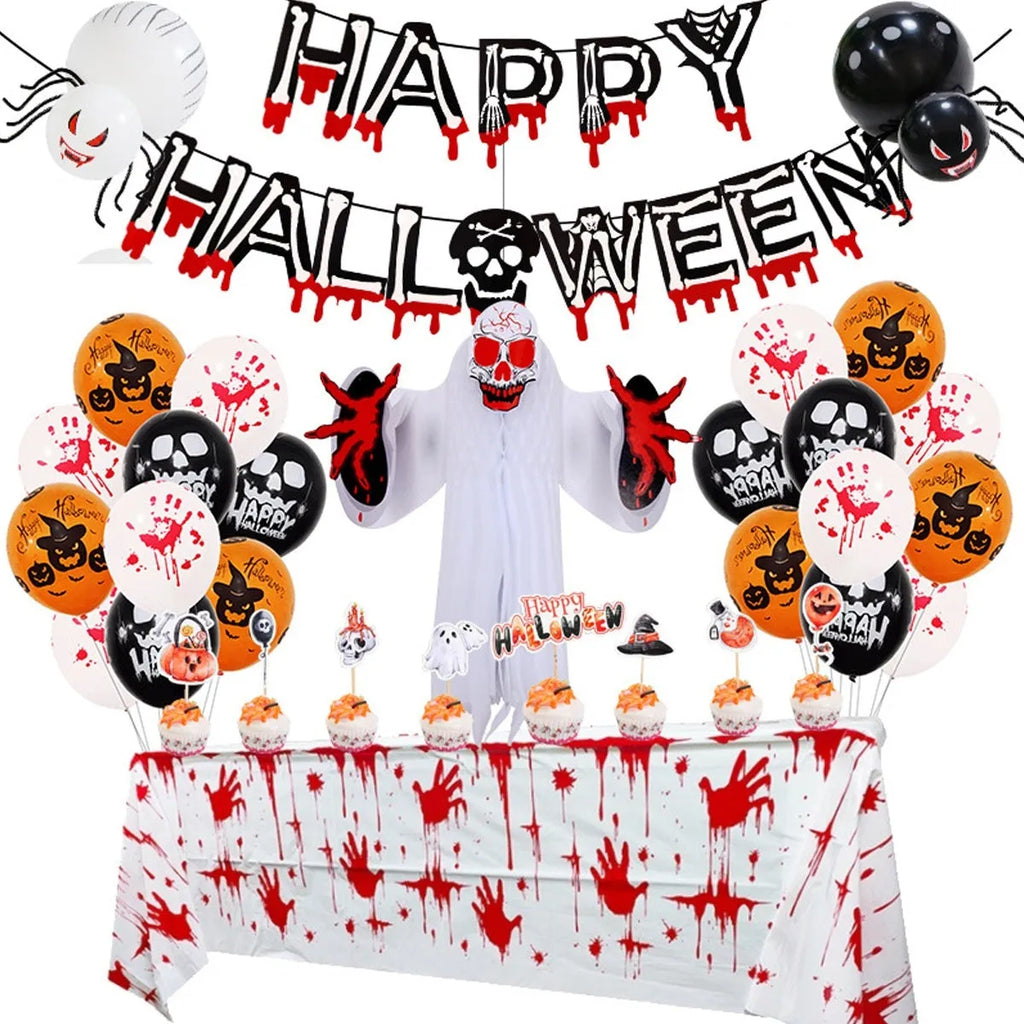 Halloween spider balloon arch set with black and white skull and pumpkin decorations