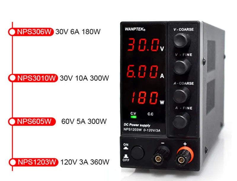 LNPS605W adjustable DC laboratory power supply unit with white casing, voltage and current controls.