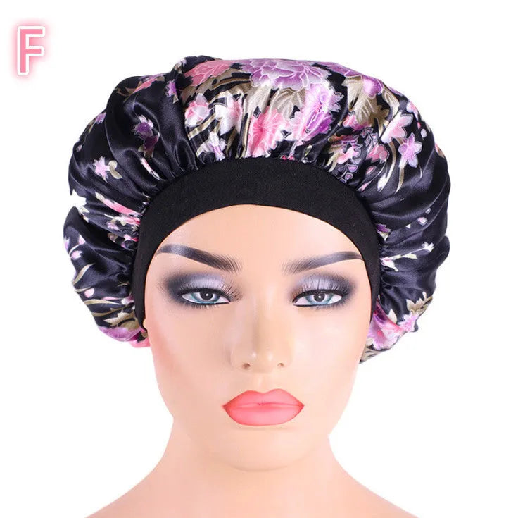 Beauty print satin silk bonnet sleep cap with elastic edge, available in multiple colours