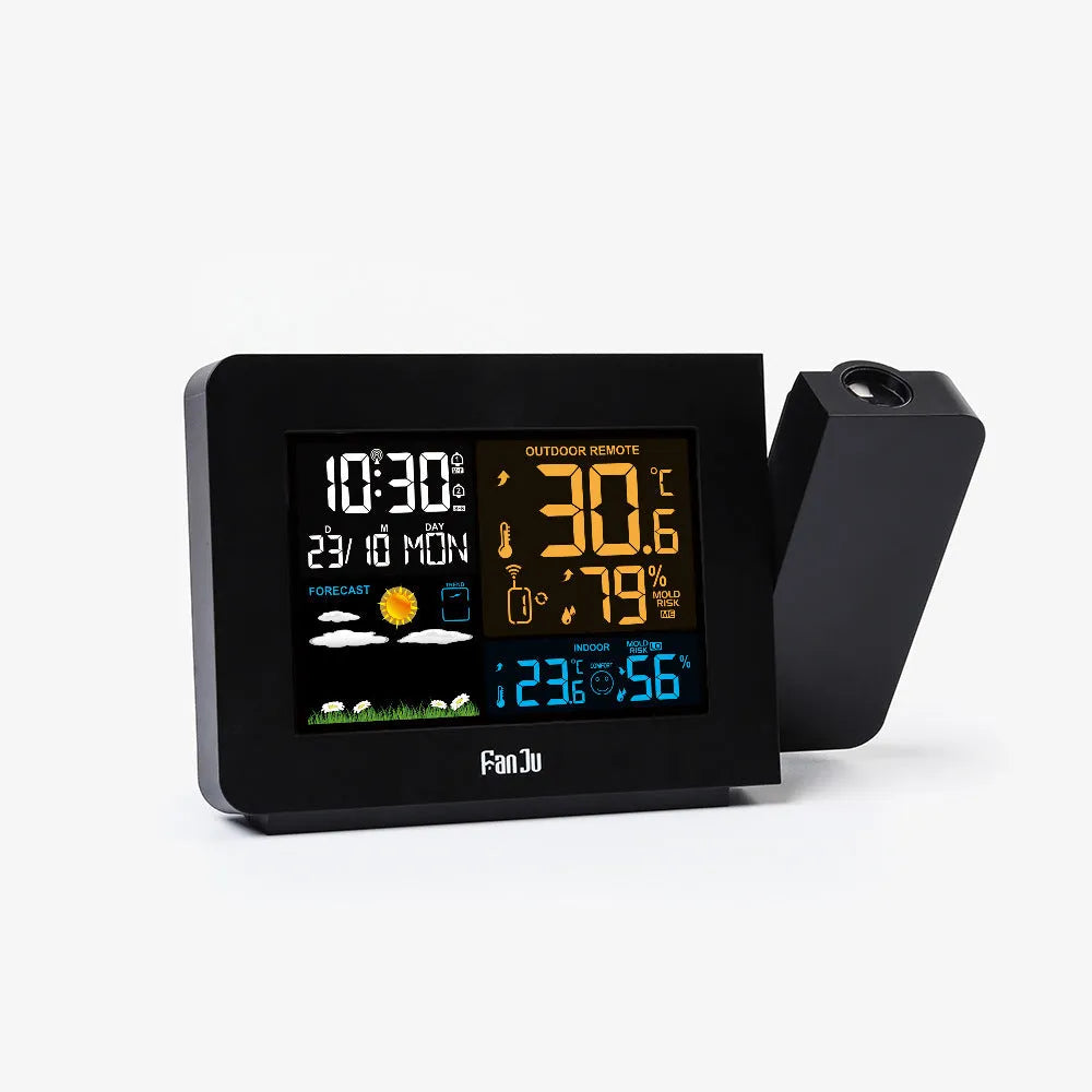 Multifunctional projection alarm clock displaying time and temperature with wireless outdoor sensor and adapter