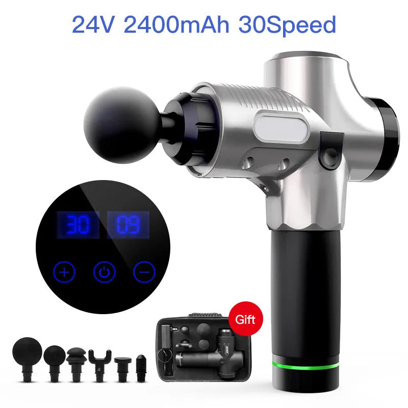 Fascia massage gun with 30-speed settings, 24V brushless motor, and six massage heads in black colour