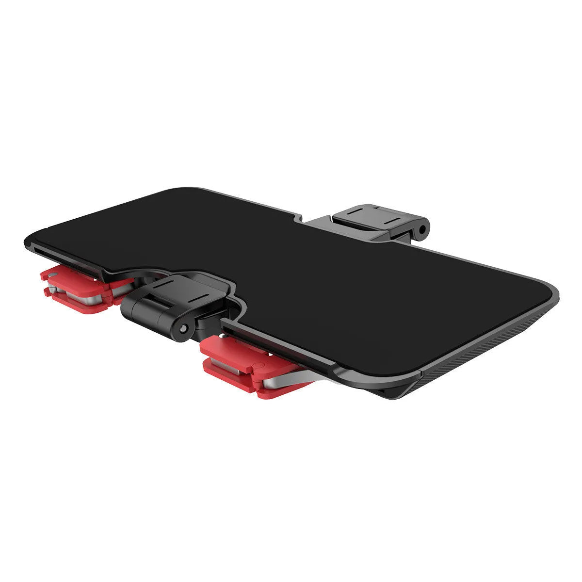 Black mobile phone gaming trigger bracket showing adjustable metal trigger and telescopic phone clamp.