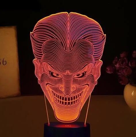 USB-powered 3D acrylic LED table lamp showing multiple colour options and remote control.