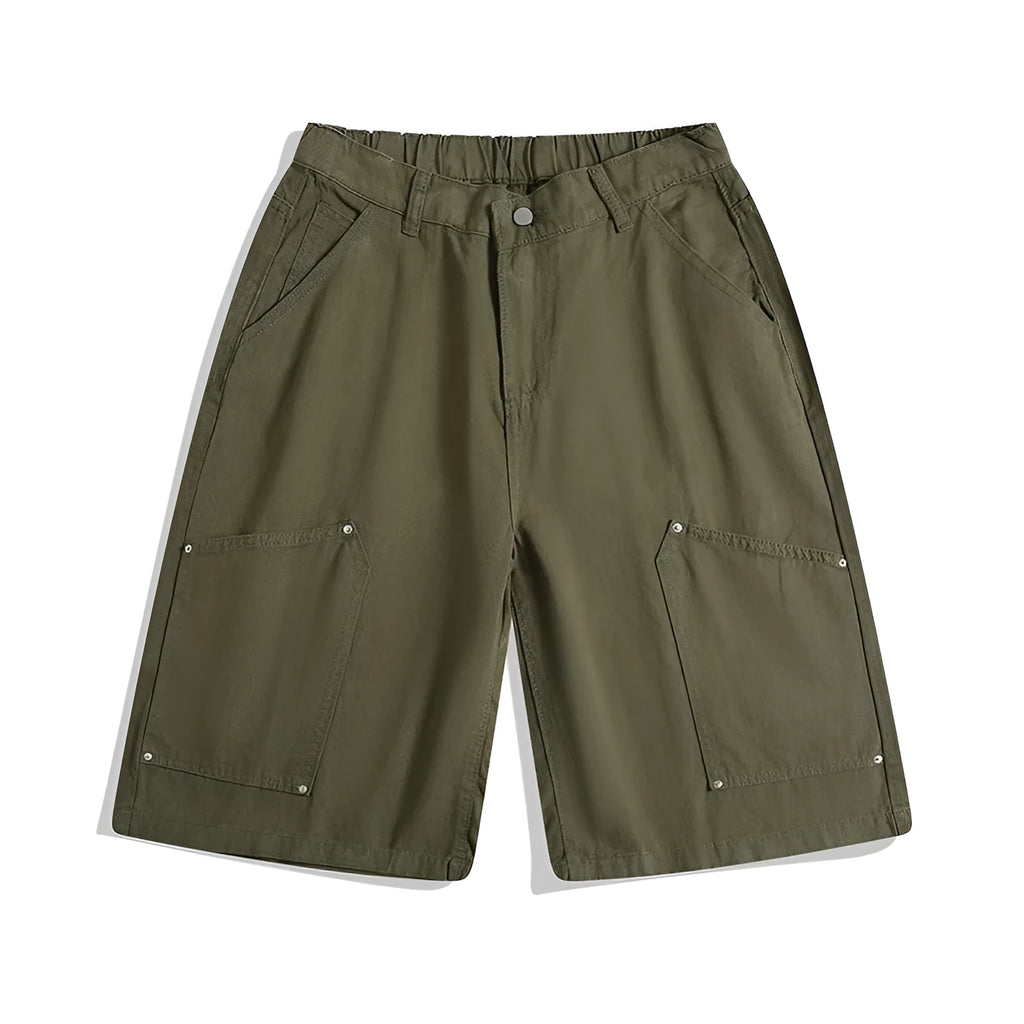 Women's workwear-style cropped pants in wide-leg shorts design with rivet detailing