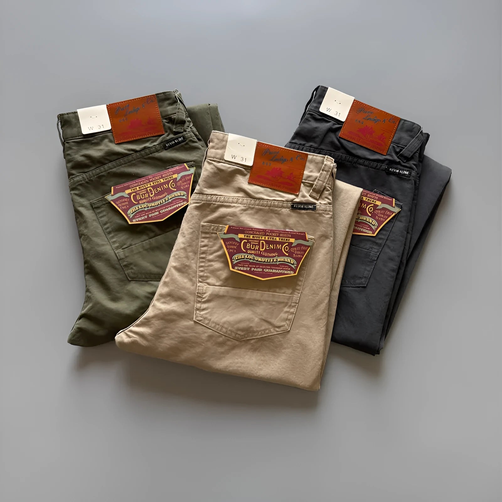 Men's straight-leg cotton casual trousers in army green colour, laid flat to show mid-waist and trousers length.
